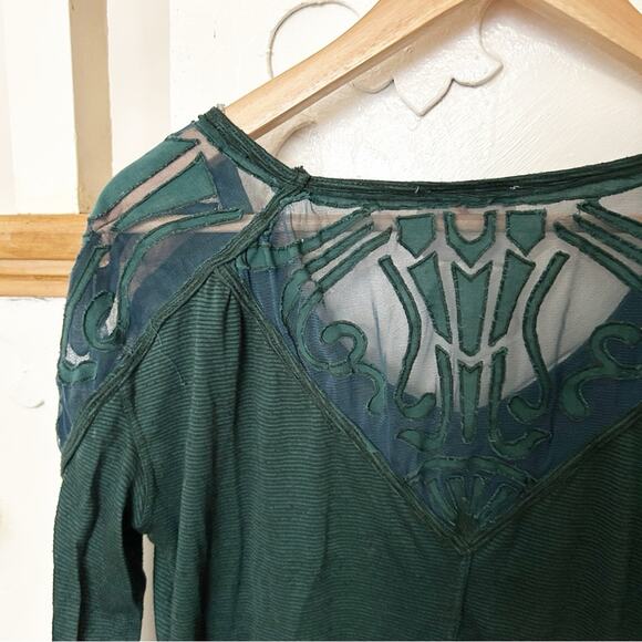 Free People The Gatsby Long Sleeve Top Green Mesh Detail Scoop Neck Size S - Picture 7 of 8